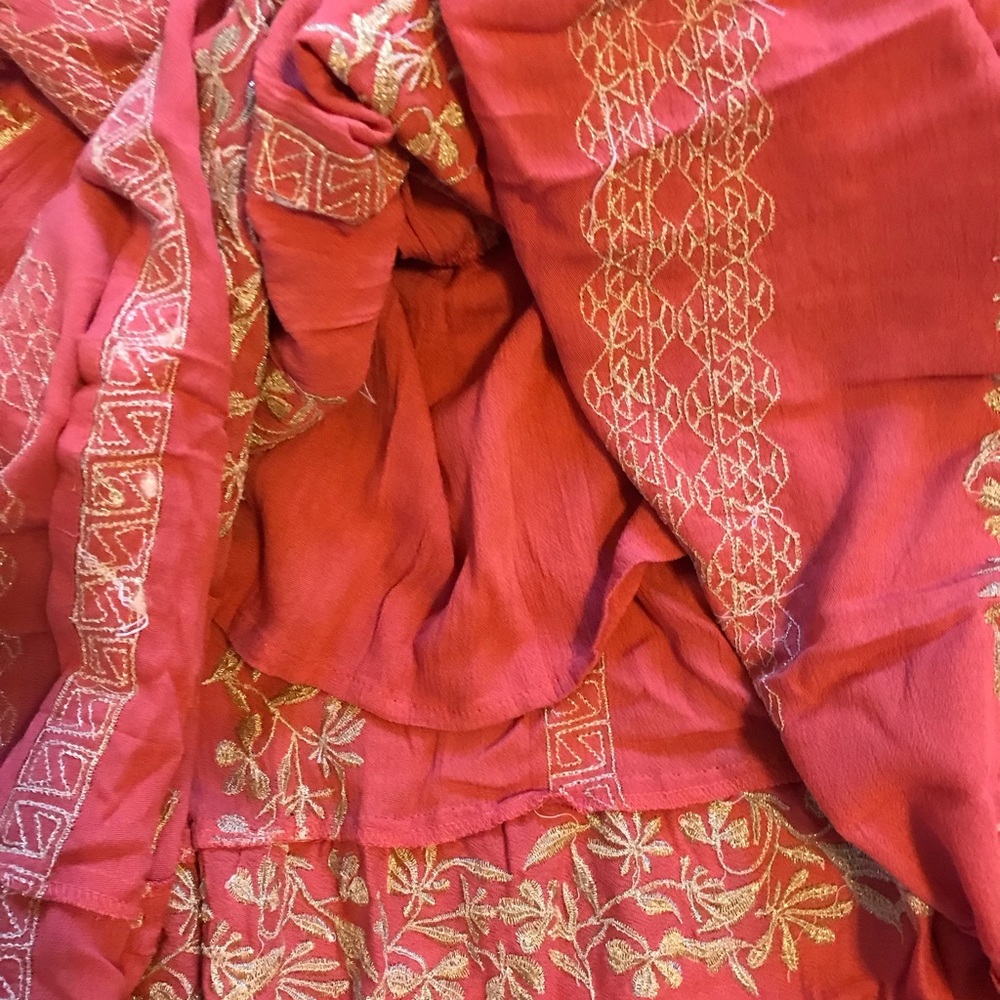 Hale Bob Regan Maxi Skirt Embroidered Rayon Crinkle Gauze Sz. Small Coral & Gold - Picture 10 of 14